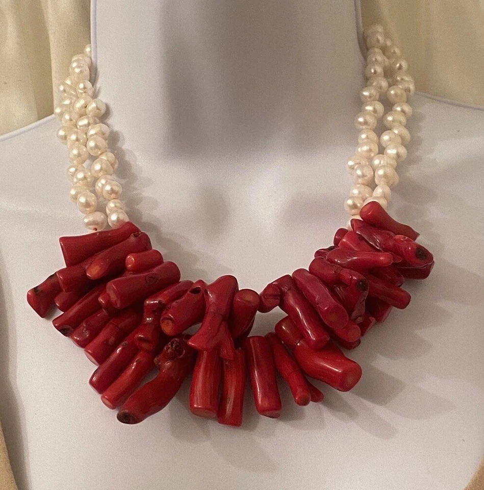 Collar Distintivo Plata Doble Hilo Coral Rama Roja Grande Perla Barroca Foto 3 de 4