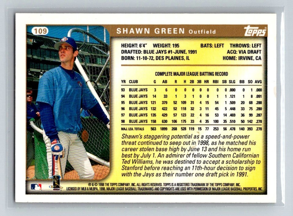 1999 Topps 109 Shawn Green Toronto Blue Jays Baseball Card eBay