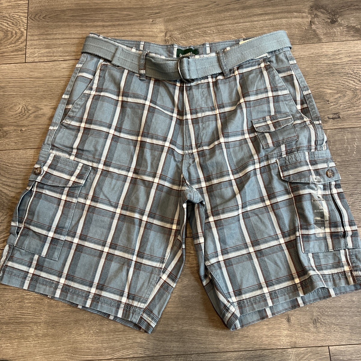 Outdoor Life Blue Plaid Belted Cargo Hiking Shorts Mens 32