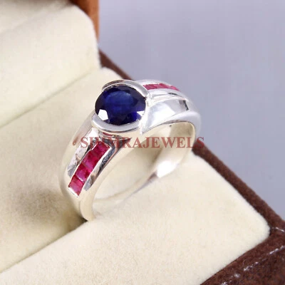 Heizbar Blauer Saphir & Rubin Edelstein Mit 925 Sterlingsilber Herren Ring #180 - Bild 1 von 3