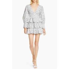 Love Shack Fancy Paris Mini Dress in Warm Grey Size 10 Long Sleeve Lined V-Neck