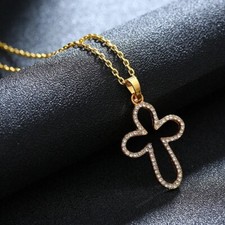 Womens Open Pave Cubic CZ Cross Pendant Necklace Gold or Silver Plated N157