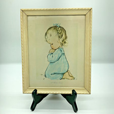 Vintage Lithograph A Child's Prayer Girl Wood Frame Pastel Wall Art Nursery USA