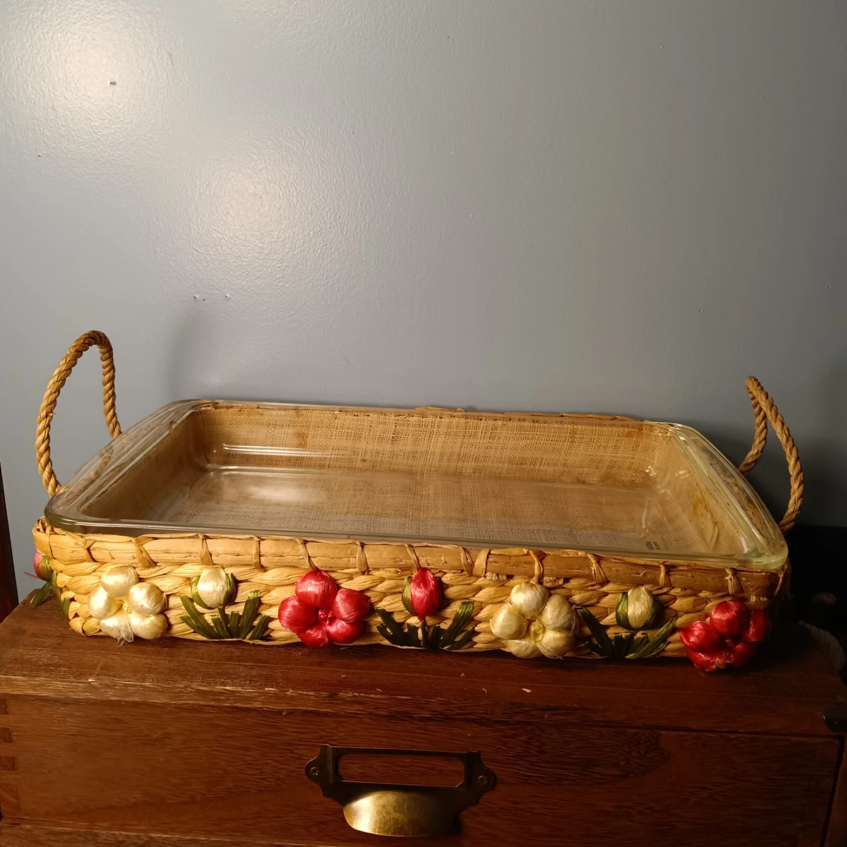 Vintage Pyrex 3 Quart Baking Dish With 3D Floral Wicker Serving