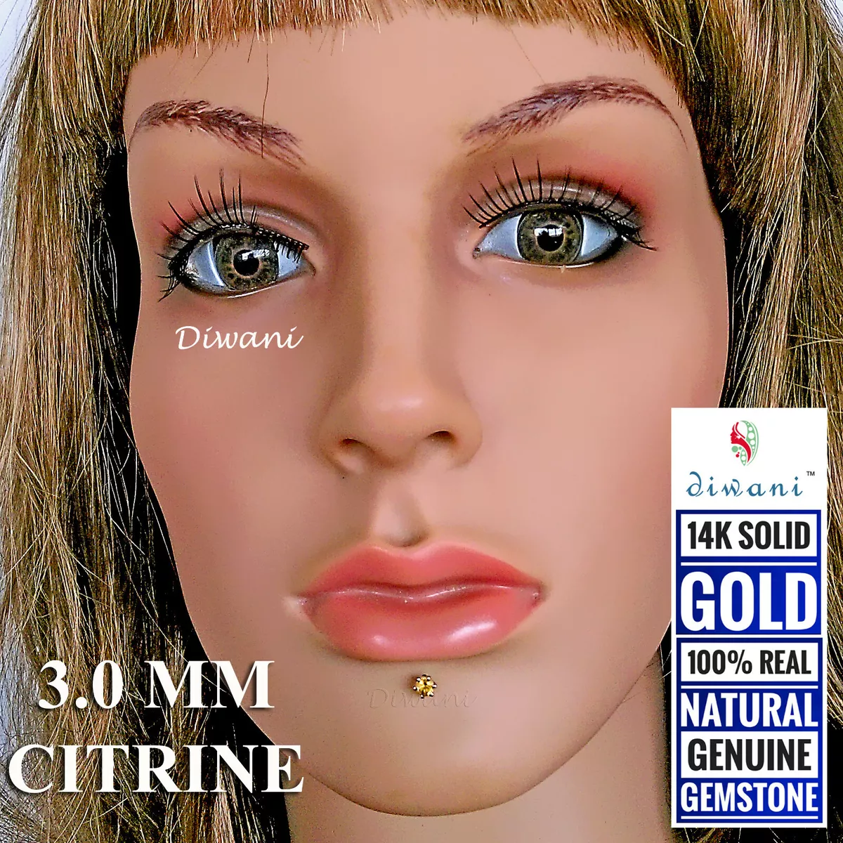 3.0mm Natural Citrine 14k Gold Nose Pin Piercing Lip Labret Monroe Stud Screw