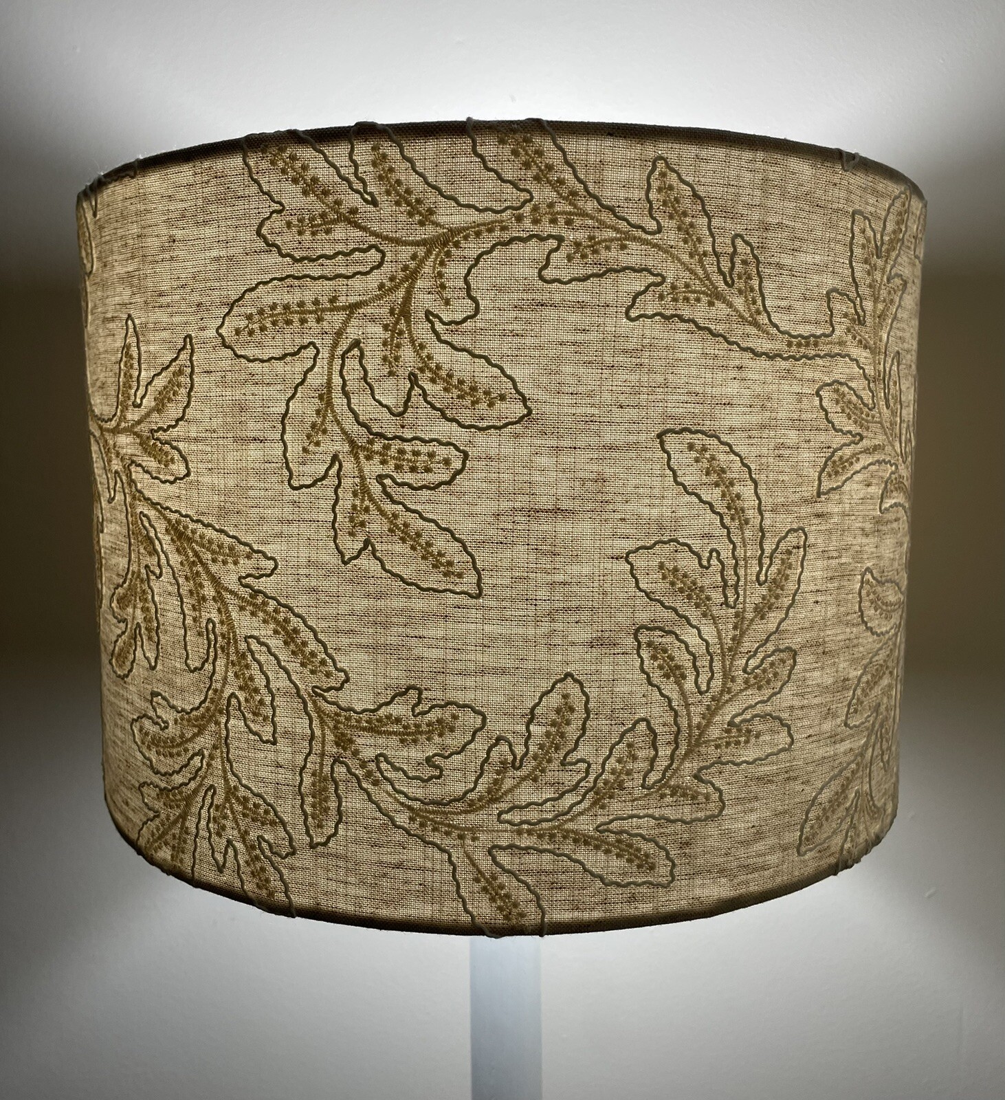 Embroidered Leaf Lamp Shade Acanthus Fabric Greige Trailing Leaf