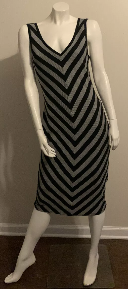 Mossimo Black Gray Striped Midi Sleeveless Sweater Dress V Neck