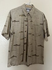 Columbia River Lodge Shirt Mens M Button Up Beige All Over Fish Print Camp EUC