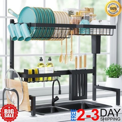 Over Sink Dish Drying Rack 2 Tier Adjustable 30-33.9'' Stainless Steel Dish Drain