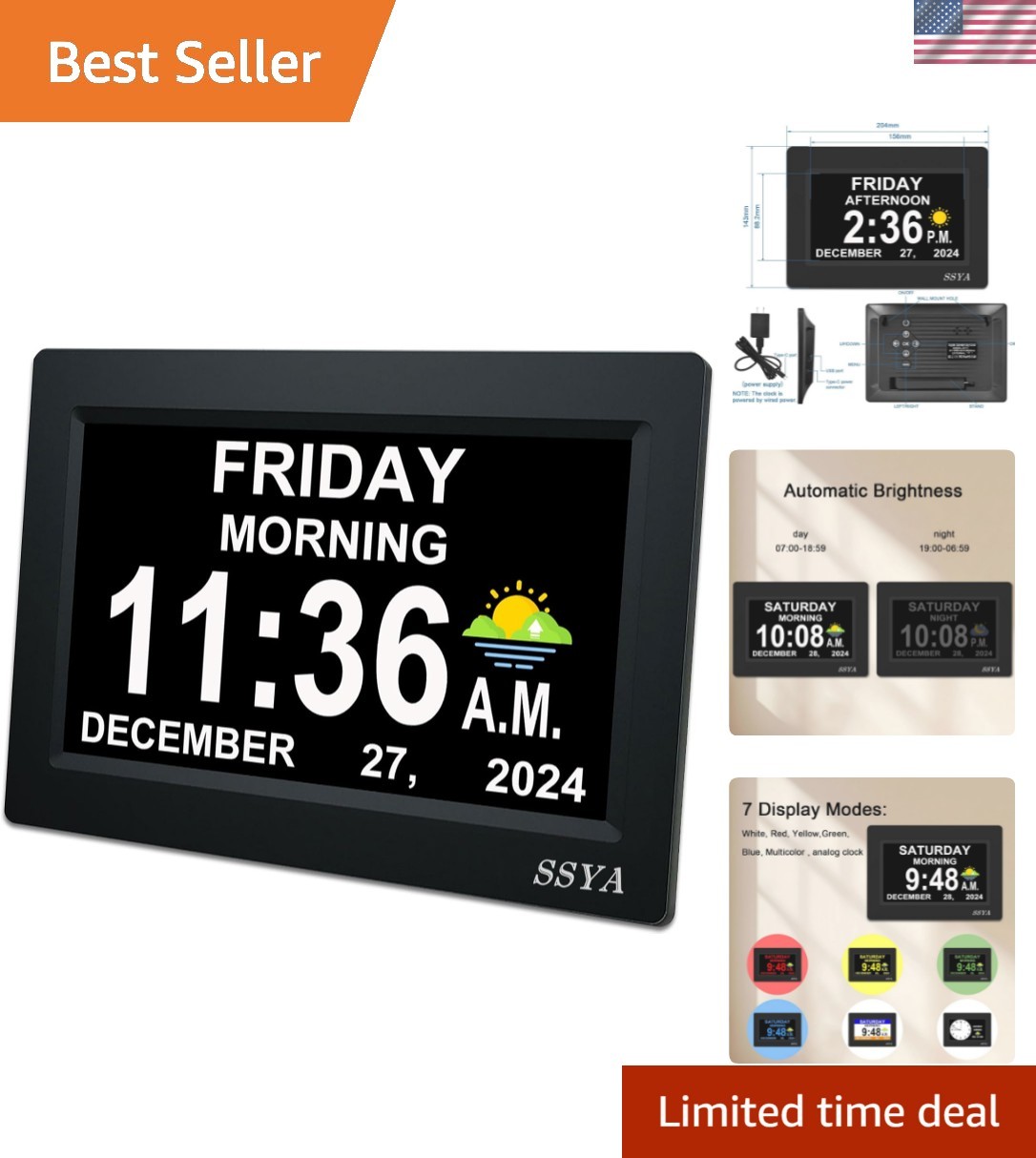 7 Inch Calendar Clock 12 Alarm Options, Level 5 Auto Dimmable Display,Extra