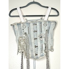 Akira Custom Denim Corset Top Rhinestone Studded Chain Straps Festival Rave