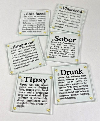 Set 6 Novelty Glass Drinking Stages Bar Coasters Sober Tipsy Drunk 1320