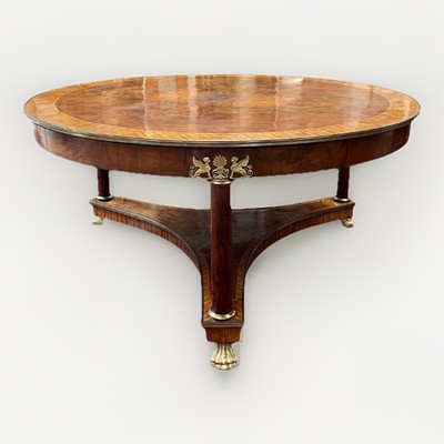 66'' LARGE ROUND EMPIRE STYLE FIGURED BURL WALNUT CENTER ENTRYWAY TABLE