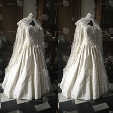 Satin Wedding Dress with Long Lace Sleeve A Line Floor Length Retro Bridal Gowns