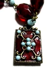 VINTAGE RED & BLUE GLASS ENAMELED METAL PENDANT NECKLACE