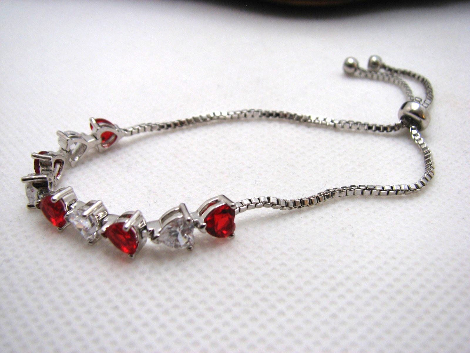 Fine Silver Plate Simulated Ruby & CZ Hearts Brac… - image 2