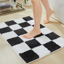 Microfiber Checkered Bathroom Rugs Black White Absorbent Washable 26x16 Inch