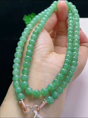 Rare Untreated Icy Translucent Green Jadeite Jade 7.4mm Beads Necklace Grade A