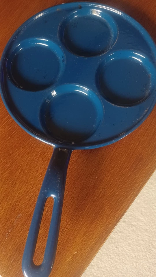 vintage Enamel 4 Egg Blini pancake Pan Skillet Plate Blue Frying Griddle Copco - Image 3 of 4