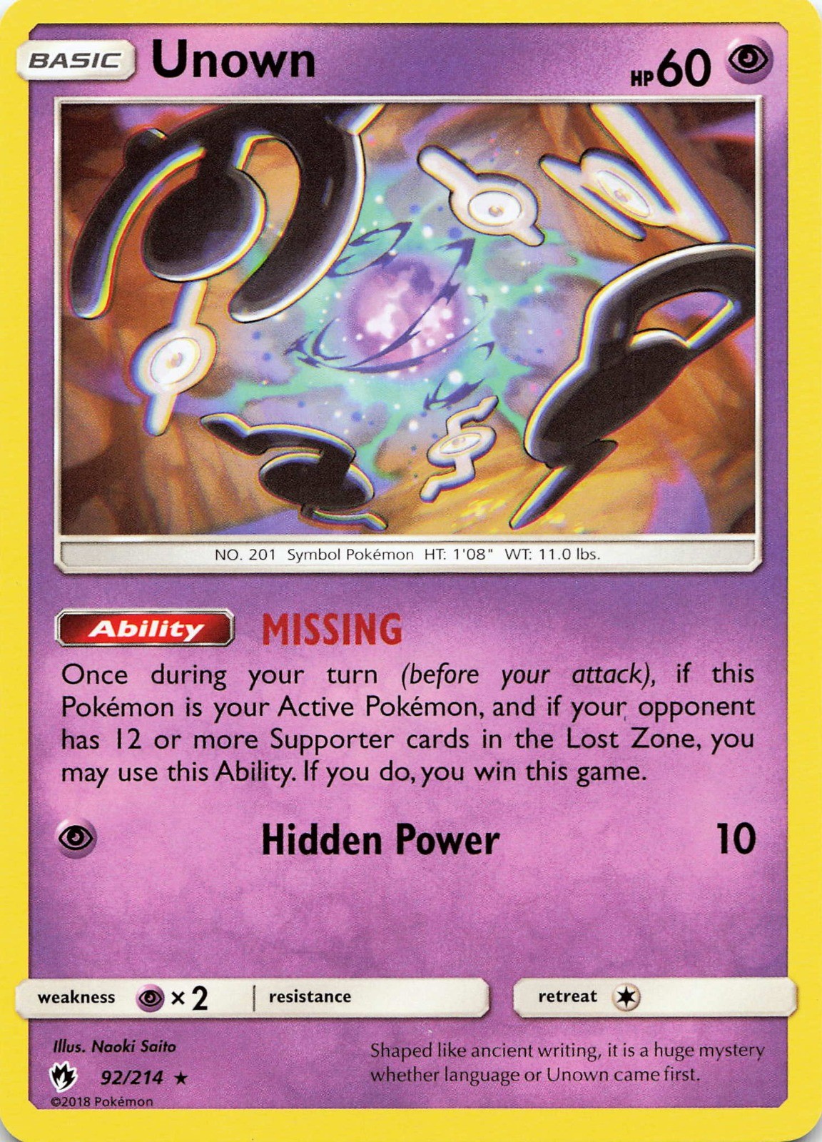 Pokémon TCG Unown (92) #92/214 SM - Lost Thunder NM