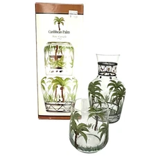 Home Essentials Beyond Caribbean Palm Hand Painted Glass Tumble Up Carafe IOB