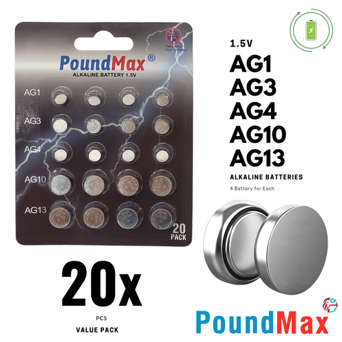 20 x AG1 AG3 AG4 AG10 AG13 LR1130 PoundMax Button Cell Alkaline Mixed ...