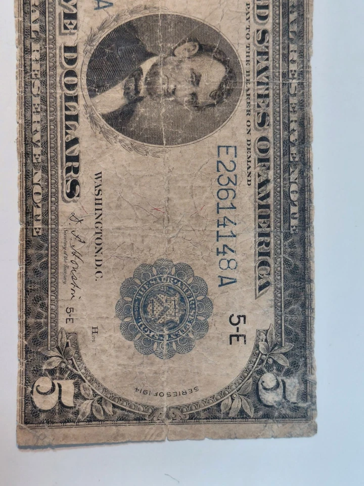 1914 $5 Federal Reserve Note Large Size Blue Seal - Image 4 of 4