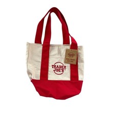 Trader Joe's Mini Canvas Tote Bag Cream Red Pockets NWT Reusable Grocery Bag