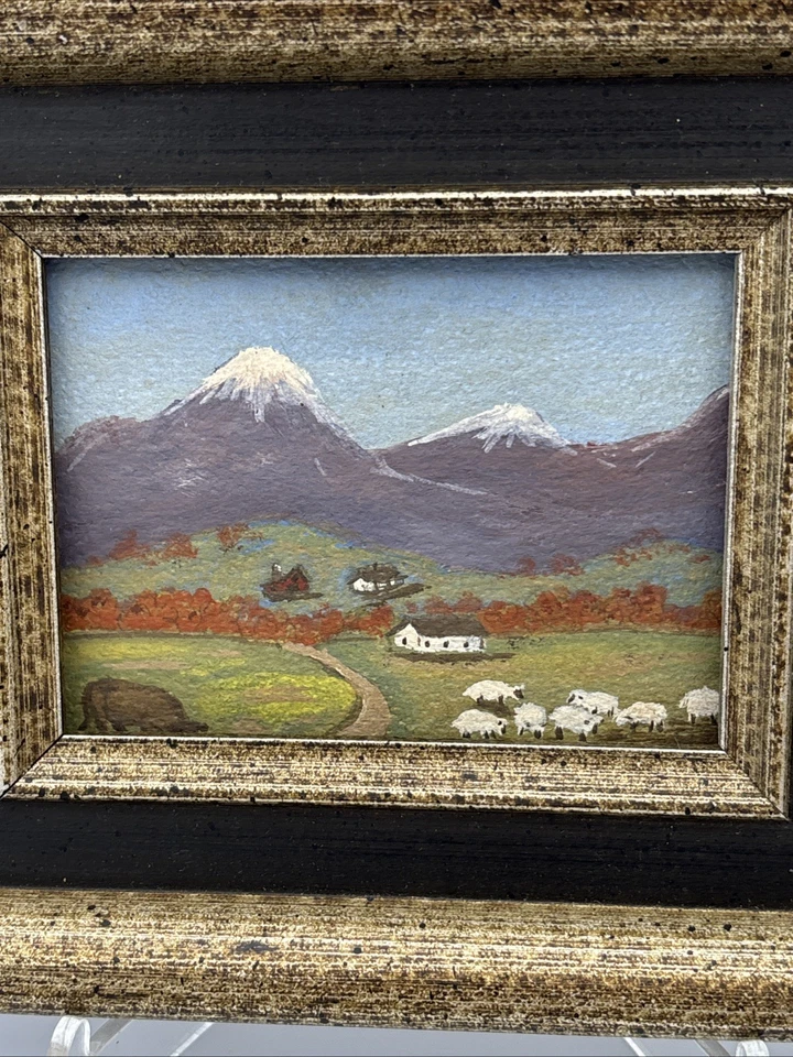 Arte Original Pequeño Mini Enmarcado Firmado Pastoral Montañas Oveja De Colección 1967 Foto 2 de 4