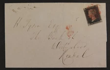 QV 1840 1d Penny Black (HK) Plate 5 State 1 SG2 AS25 on London to Kendal wrapper