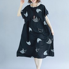 Plus Size Women Cute Cartoon Cat Print Raglan Sleeve Dress For Casual Wear