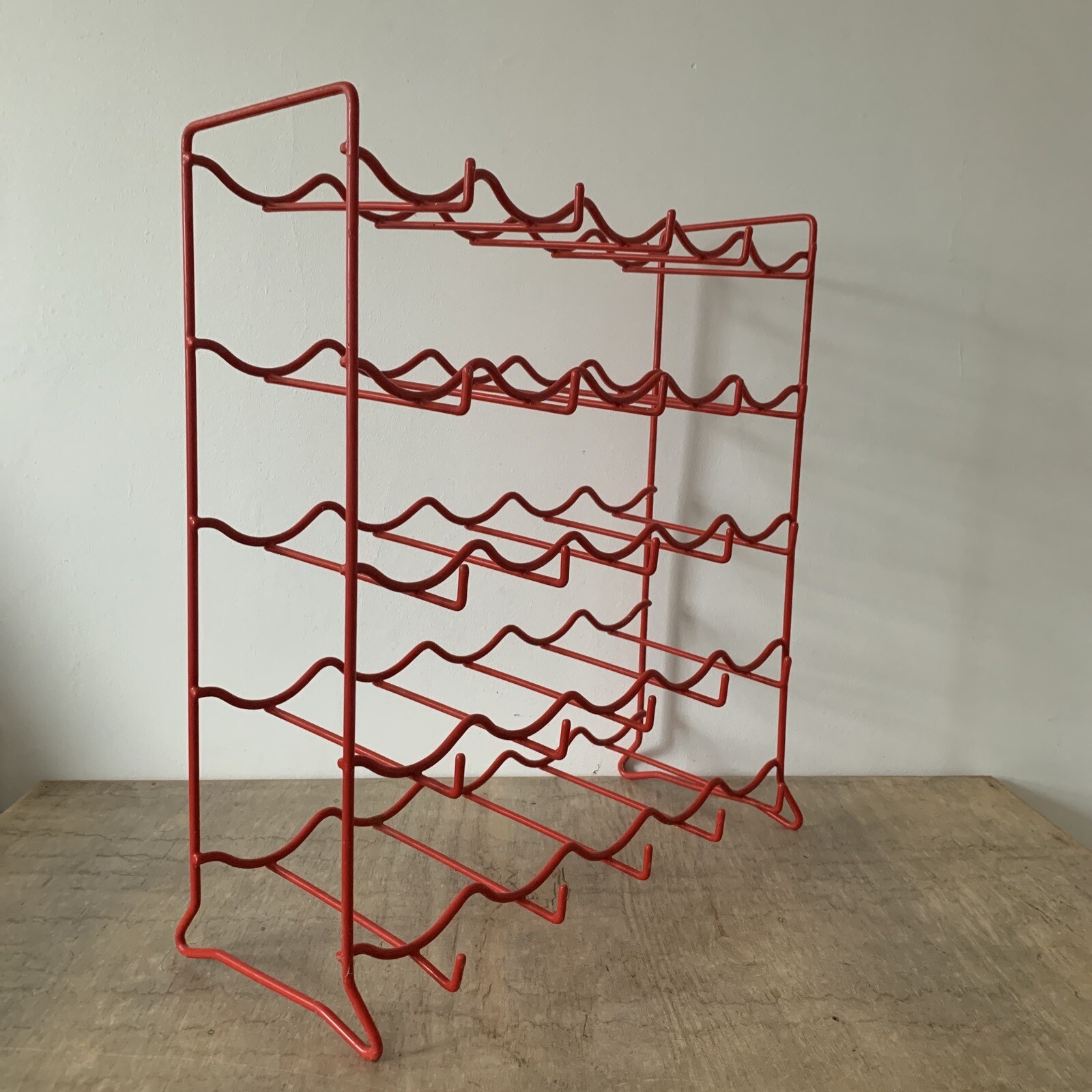 Vintage Retro Wine Rack Red Plastic Coated Wire Free Standing Holds 25