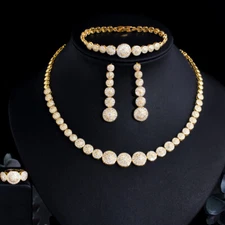 Bold Dubai Gold CZ Round Square Necklace Earrings Bracelet Ring Prom Jewelry Set