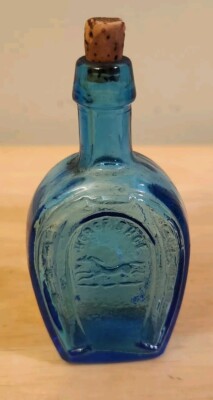 Vtg. Mini Bitters Horse Shoe Blue Glass Bottle With Cork - Made in