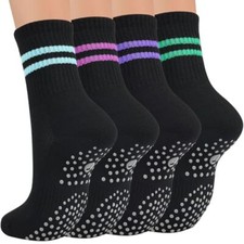 Pilates Socks for Women with Non Slip Grippers, Yoga Crew Socks , 4 Pairs