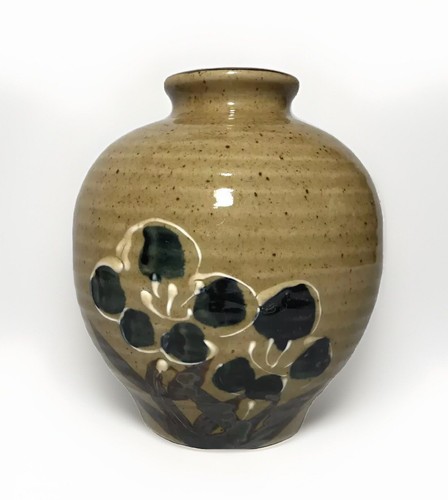 Stoneware Pottery Vase 5" Japan Beige Blue Floral High Gloss Hand Painted Decor