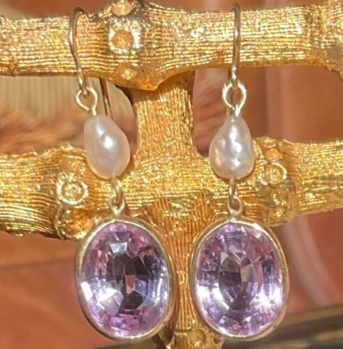 Purple Amethyst Color Stone & Pearl Gold Hook Dangle Drop Earrings