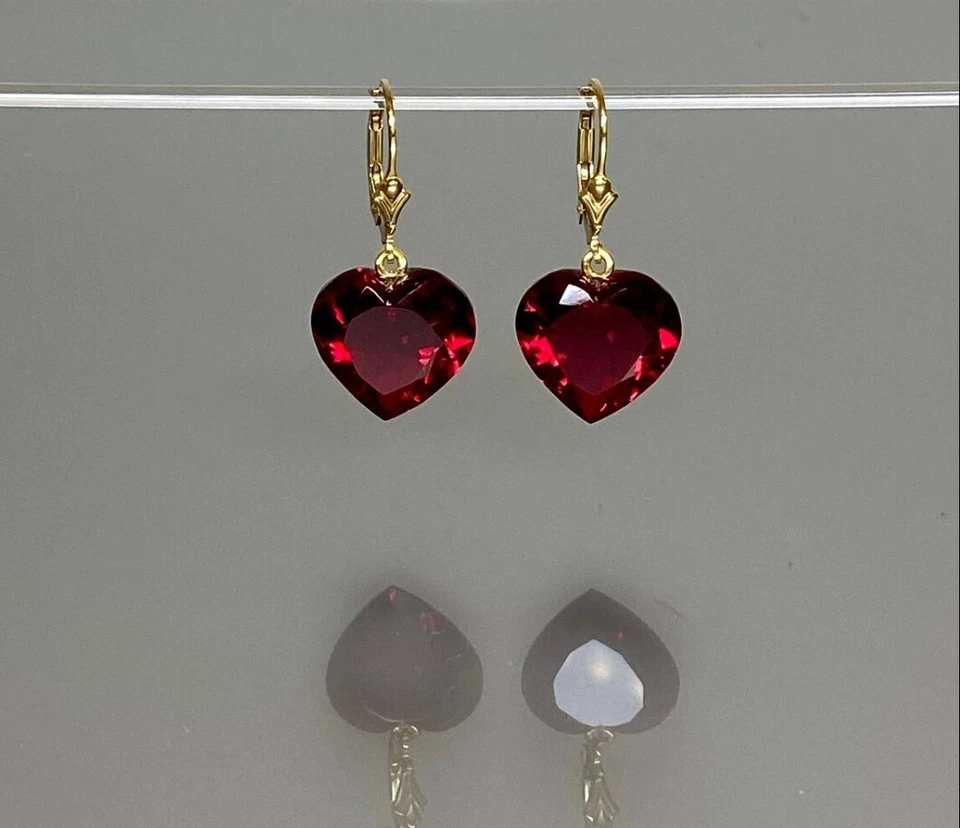 925 Silver Drop Dangle Earring's Heart Lab-Created Red Ruby in 14k Gold Plated - Image 4 of 4