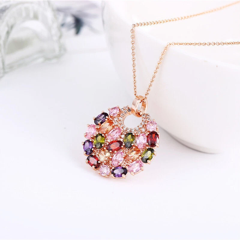 Lucky Clover Peridot 紫水晶石榴石宝石玫瑰金女式项链吊坠 — 第 4/4 张图片