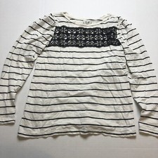 Loft Sz XS Black White Stripe Lace Detail Long Sleeve Top A240