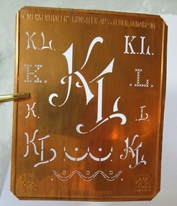 KL K L monogram stencil embroidery antique copper metal initials
