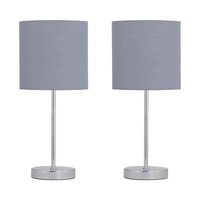 Set of 2 Modern Chrome 35cm Table Lamps Bedside Lights Grey Fabric Shades