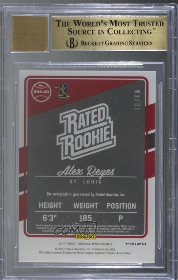 2017 Panini Donruss Optic Gold Prizm /10 Alex Reyes BGS 9.5 GEM MINT Auto RC - Image 2 of 2