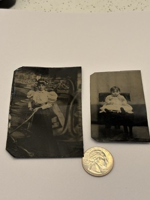 Antique Tin Type Lot Of Two Photos Young Girl And Baby