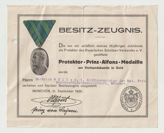 BESITZ ZEUGNIS PRINZ ALFONS PROTEKTOR PRINZ ALFONS MEDAILLE IN GOLD MÜNCHEN 1929
