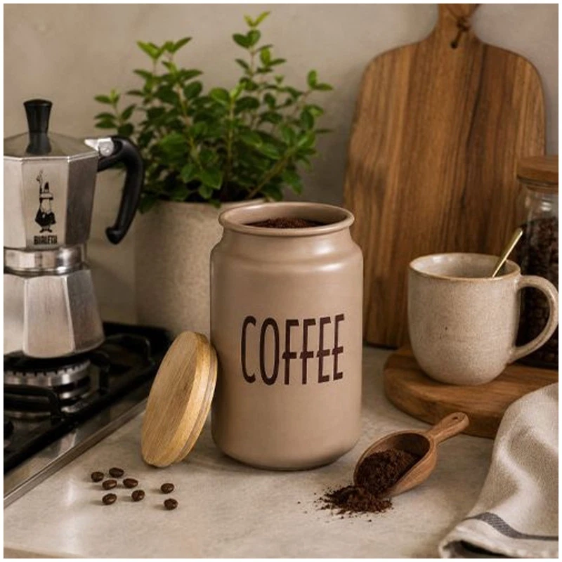 Barattolo Caffè BRANDANI Tortora Metallo Tappo Bamboo 15cm Contenitore Cucina, fotografia 2 di 9