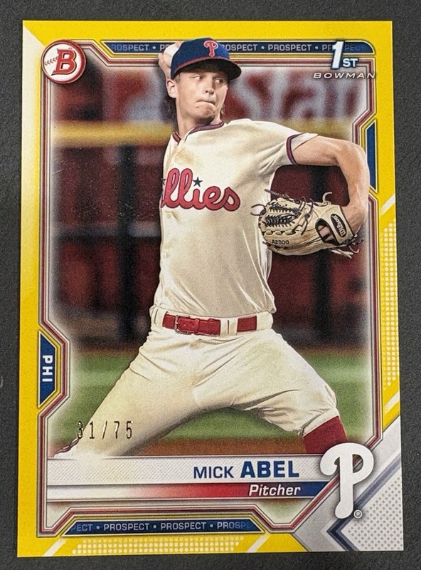 2021 Bowman 1st Bowman Mick Abel Yellow Paper # BP-42   31/75 Phillies