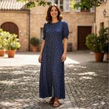 LOFT Elegant Navy Bkue With White Hearts Dress Size 14