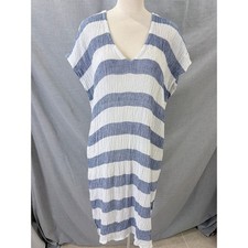 Eileen Fisher Blue White Striped Crinkle Gauze V-Neck Shift Dress L/XL