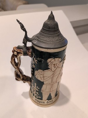 VTG German Lidded Beer Stein 10-1/2'' Es Zogen Drei Burschen Wohl Über Den Rhein